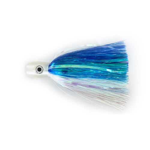 Blue Ice chugger trolling lure with blue and pearl skirt, ideal for mahi, tuna, and wahoo