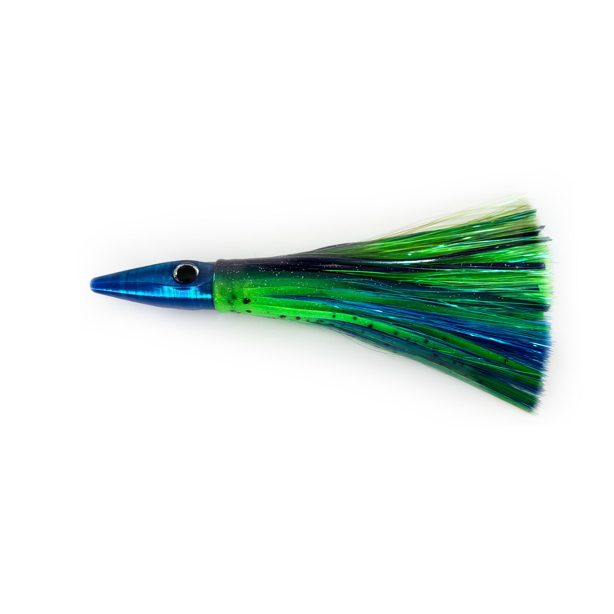 Bull Candy trolling lure with blue and green speckled skirt and flash, ideal for mahi, tuna, and wahoo