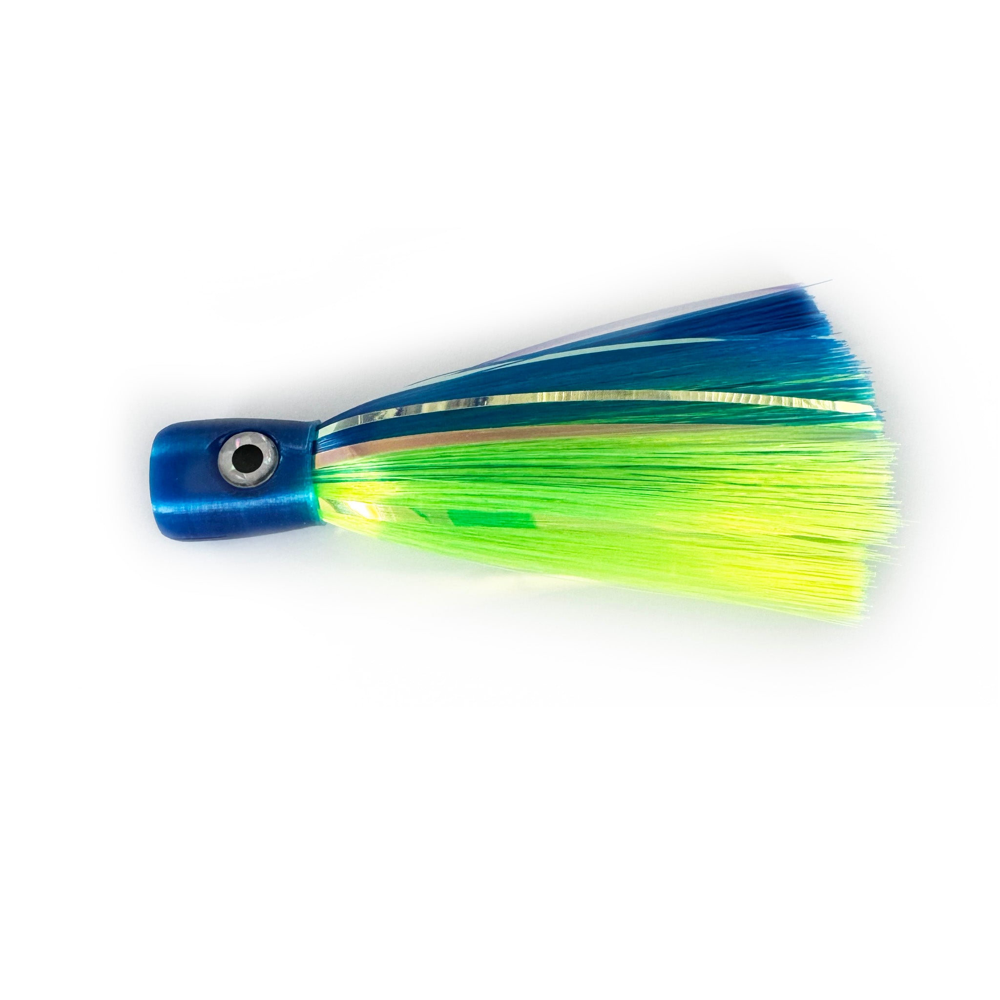 Electric Tide offshore chugger trolling lure with blue and chartreuse seawitch hair and pearl mylar flash for mahi, tuna, and wahoo fishing