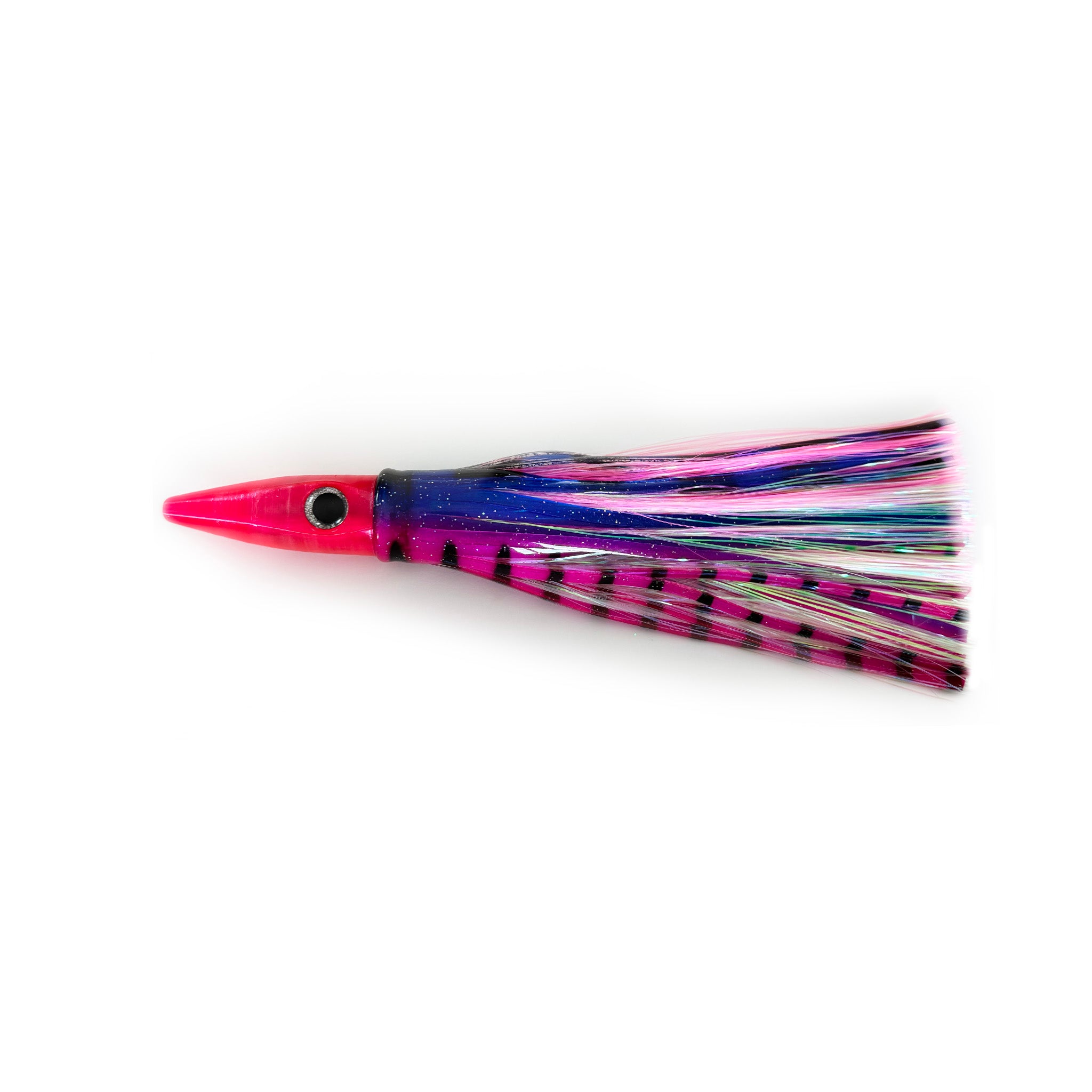 Electric Tiger trolling lure with pink and purple striped skirt and pearl flash, ideal for mahi, tuna, and wahoo
