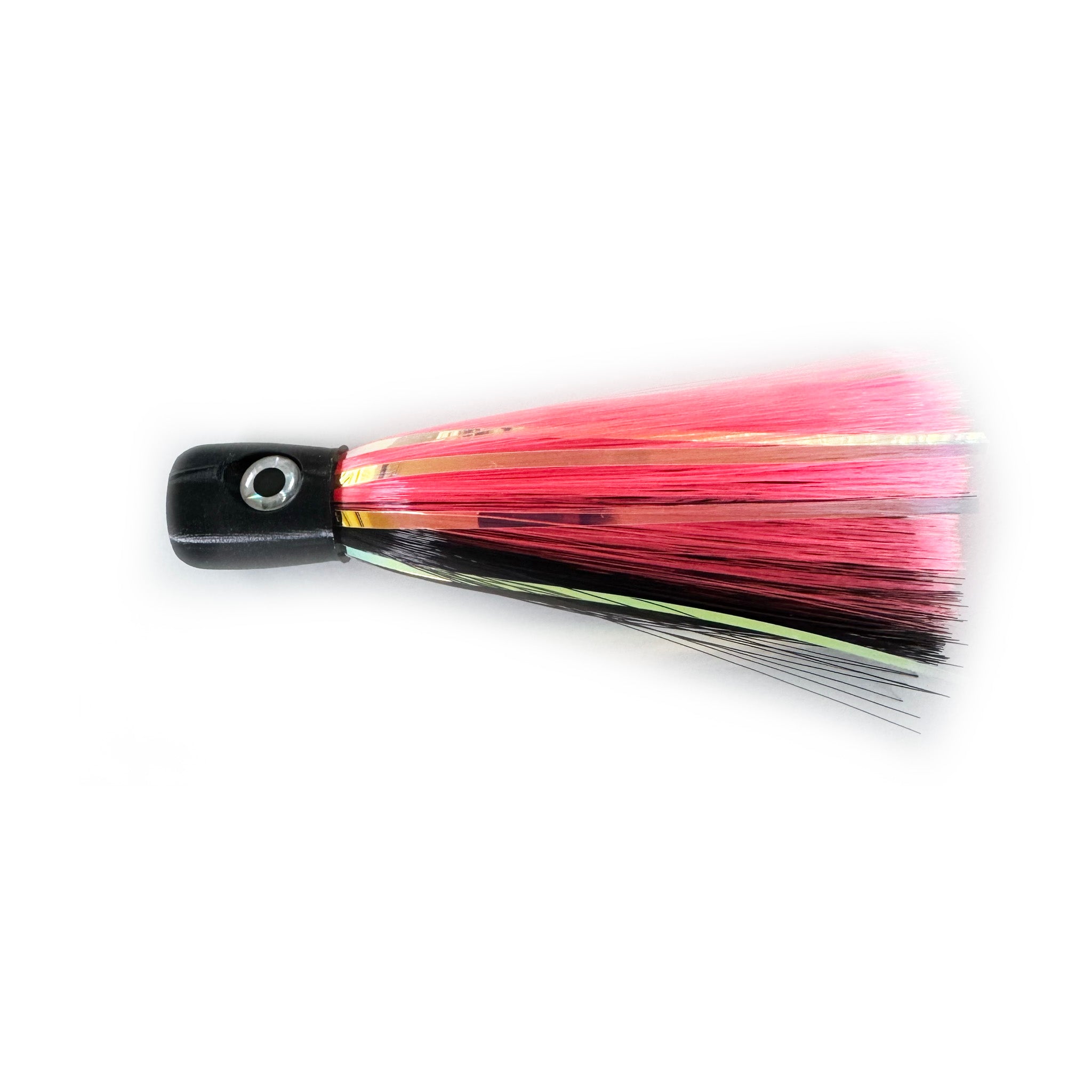 Midnight Flamingo offshore chugger trolling lure with pink, black, and pearl flash skirt for mahi, tuna, and wahoo