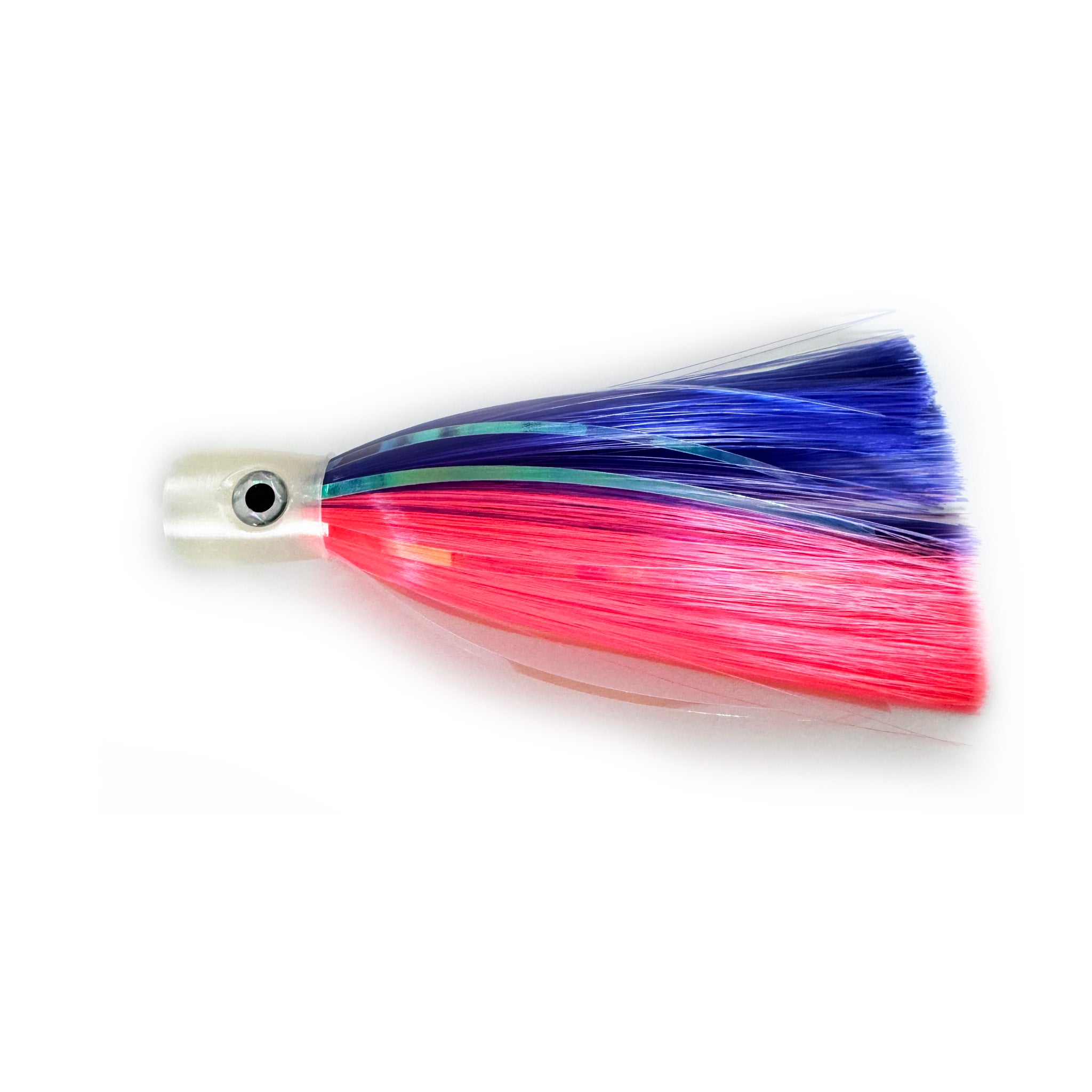 Neon Tide chugger trolling lure with pink and purple skirt and pearl flash, ideal for mahi, tuna, and wahoo