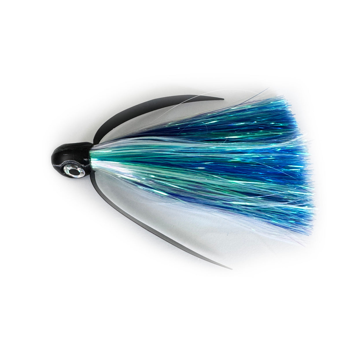 Blue Glide Wingman lure featuring pearl, white, blue, and teal Tantrum Flash with a black head and clear wings. Ideal for kingfish, mahi, tuna, and wahoo.