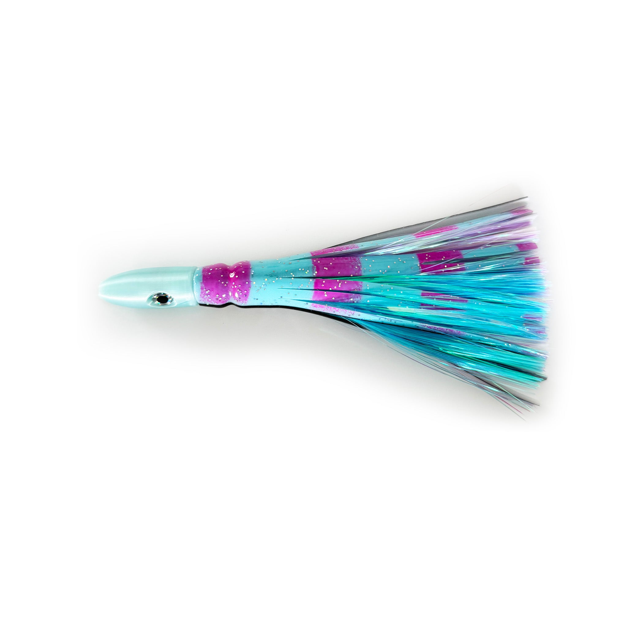 Cotton Candy Crush offshore trolling lure with teal and pink striped skirt targeting mahi, tuna, and wahoo