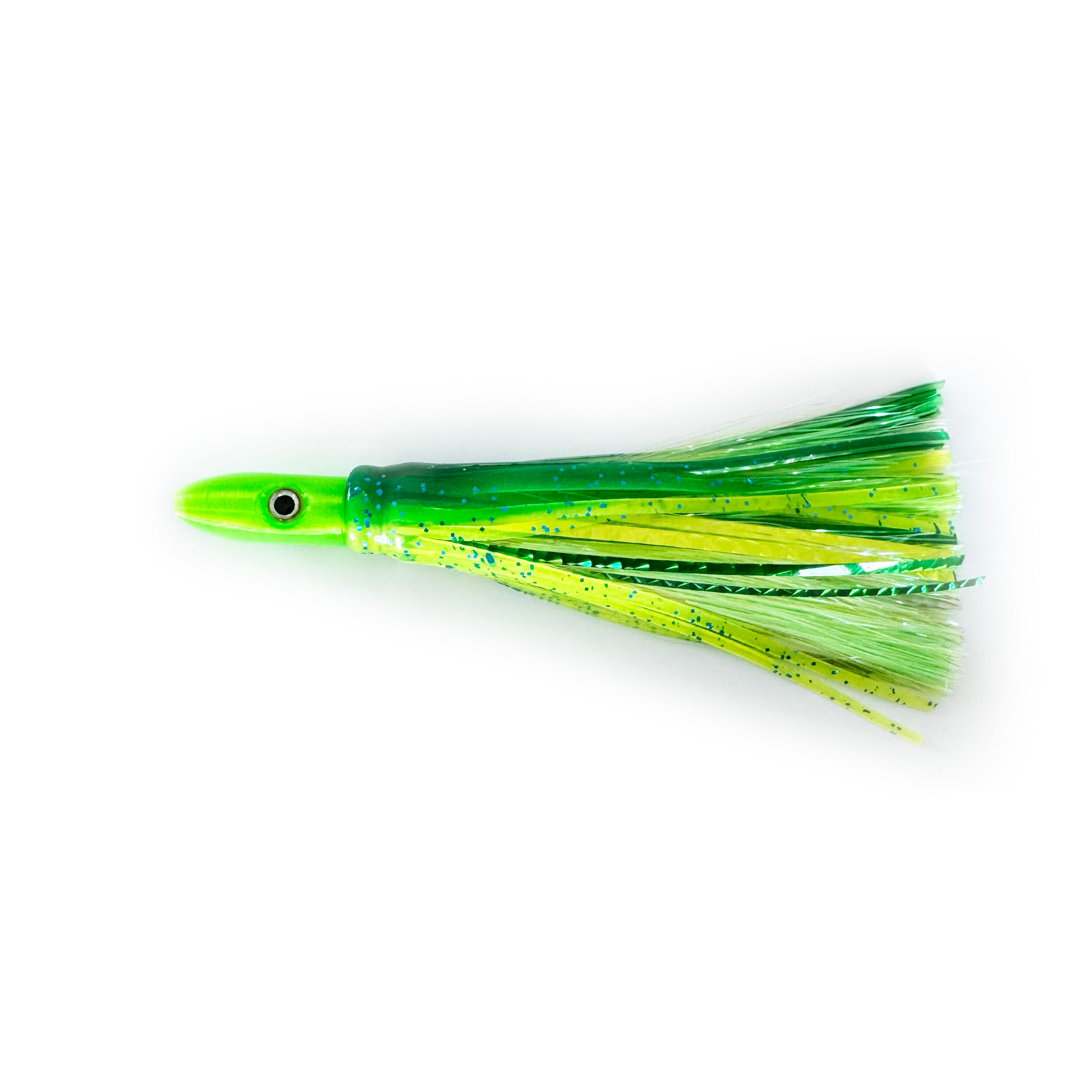 Emerald Edge mahi trolling lure with green and yellow skirt, ideal for mahi, tuna, and wahoo
