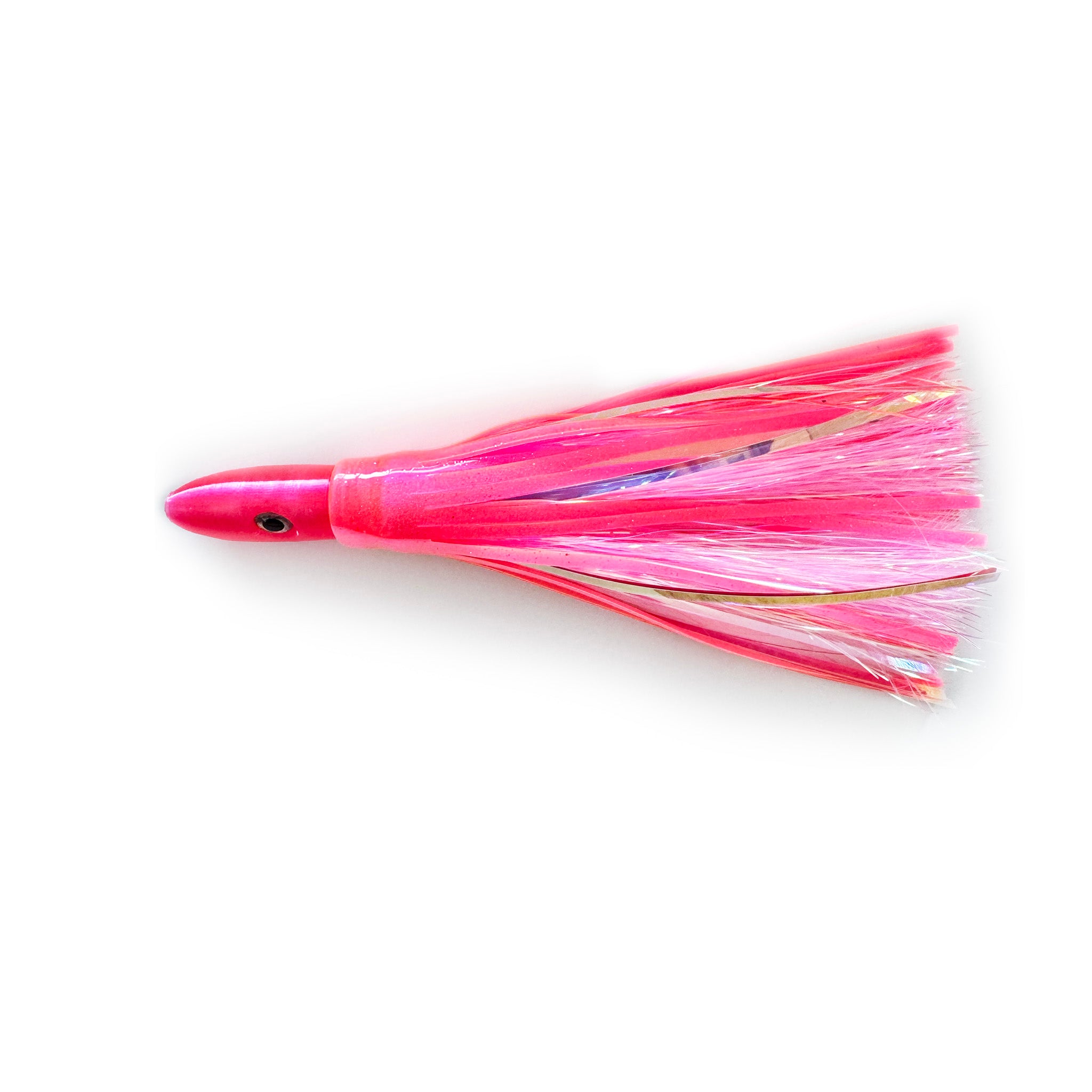 Flamingo Flash mahi trolling lure with orange, pink, and cream skirt, ideal for mahi, tuna, and wahoo