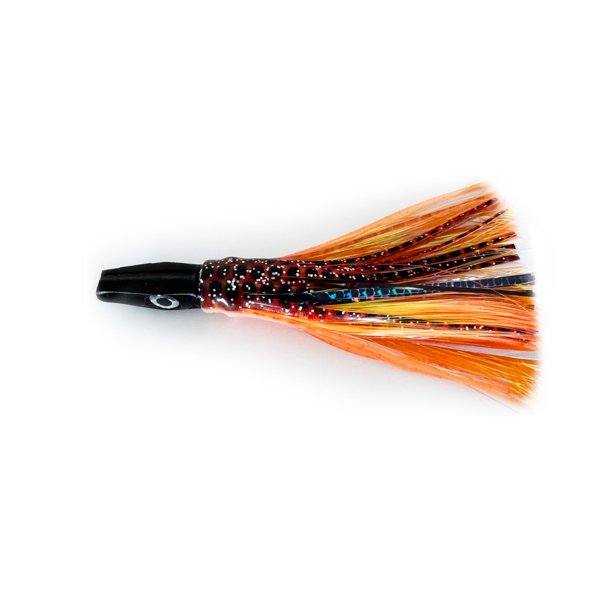 Frenzy Ember offshore trolling lure with orange skirt and black head, ideal for mahi, tuna, and wahoo