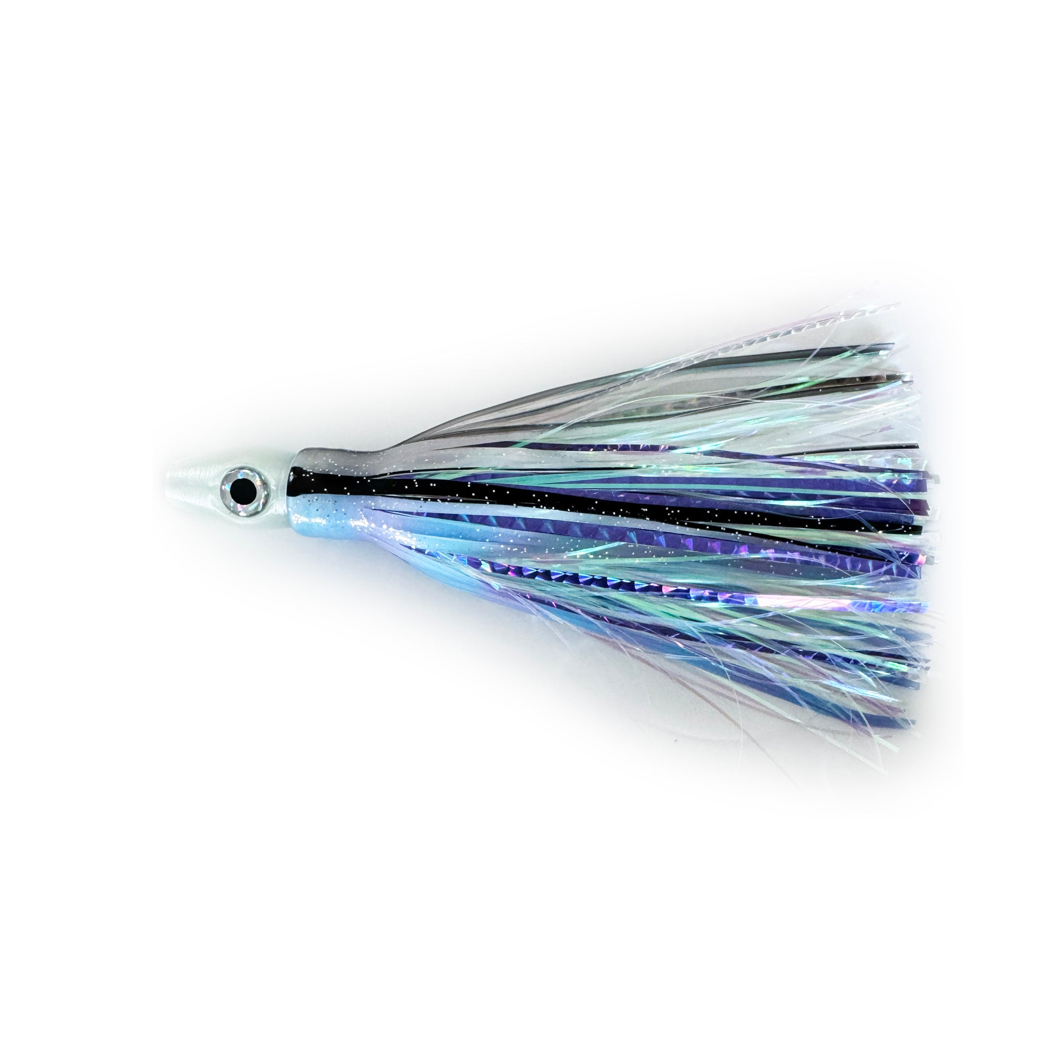 Mystic Vibe offshore trolling lure with blue and purple striped skirt, ideal for mahi, tuna, and wahoo