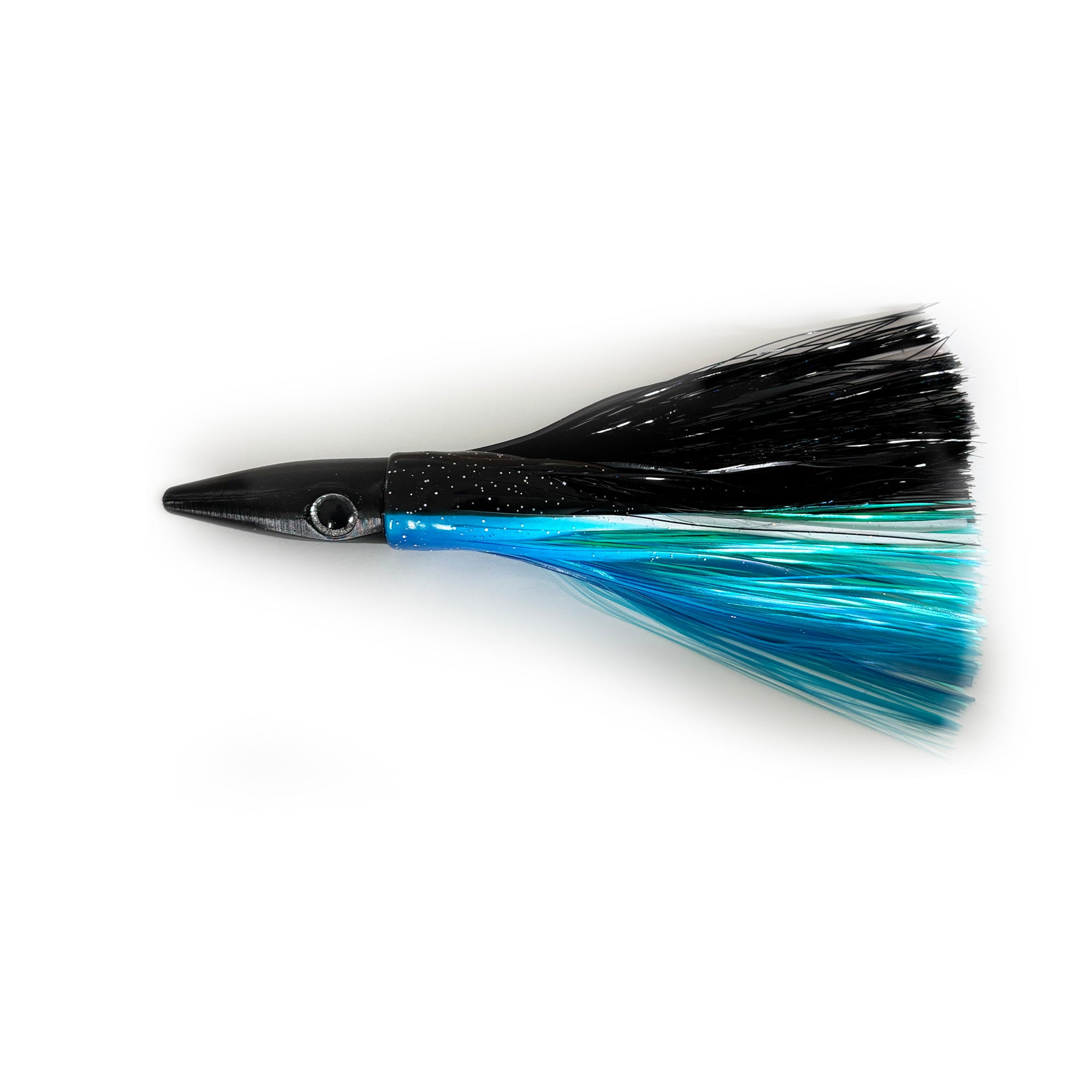 Phantom Teal trolling lure with black and teal skirt and pearl flash for tuna, wahoo, and mahi