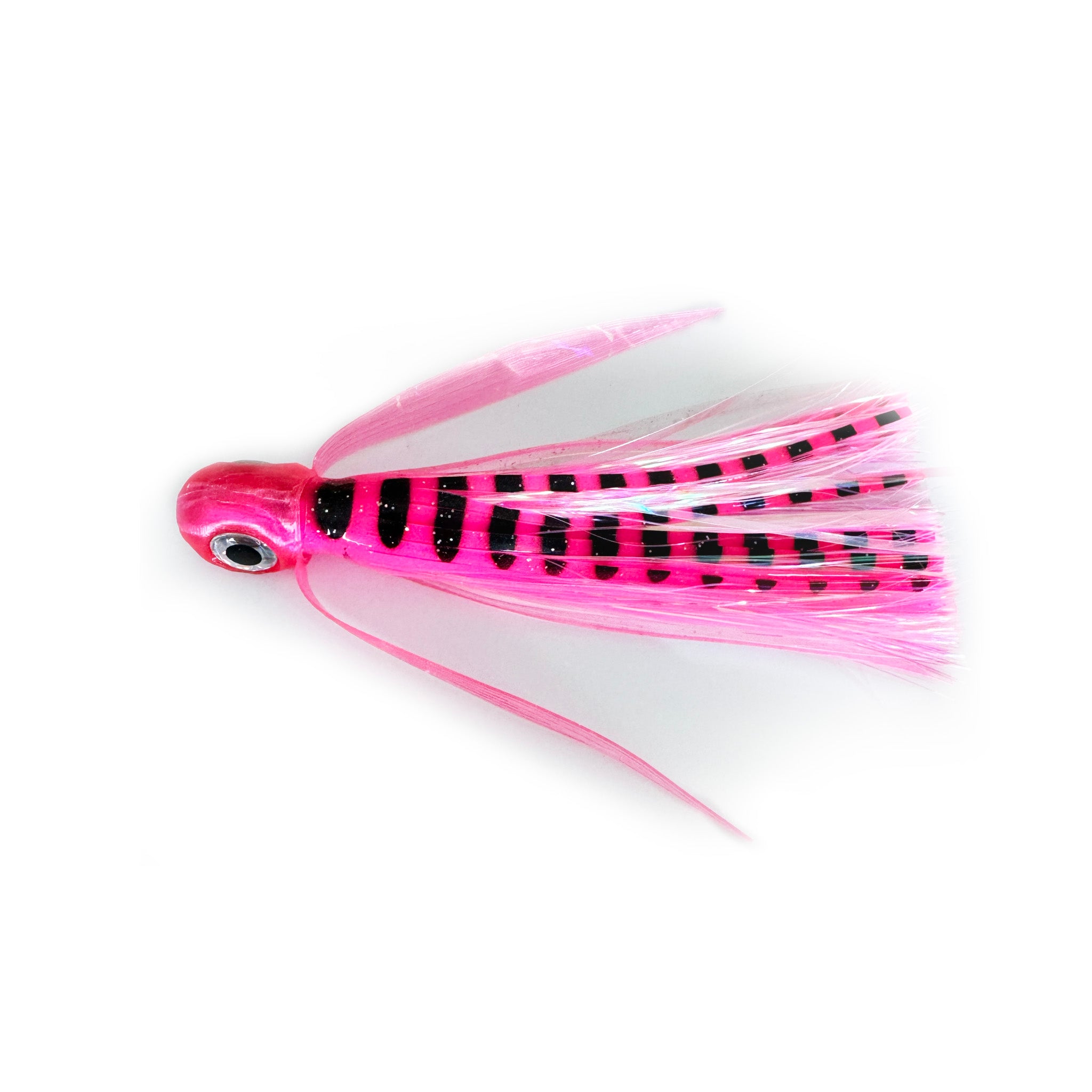 Pink Slip offshore trolling lure pink skirt with black stripes targeting mahi tuna and wahoo