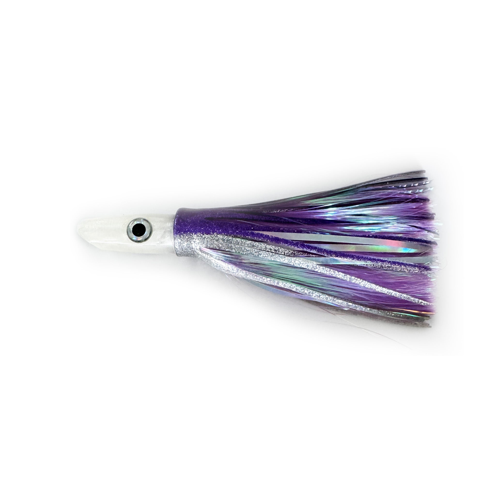 Purple Reign offshore trolling lure with purple glitter skirt, ideal for mahi, tuna, and wahoo