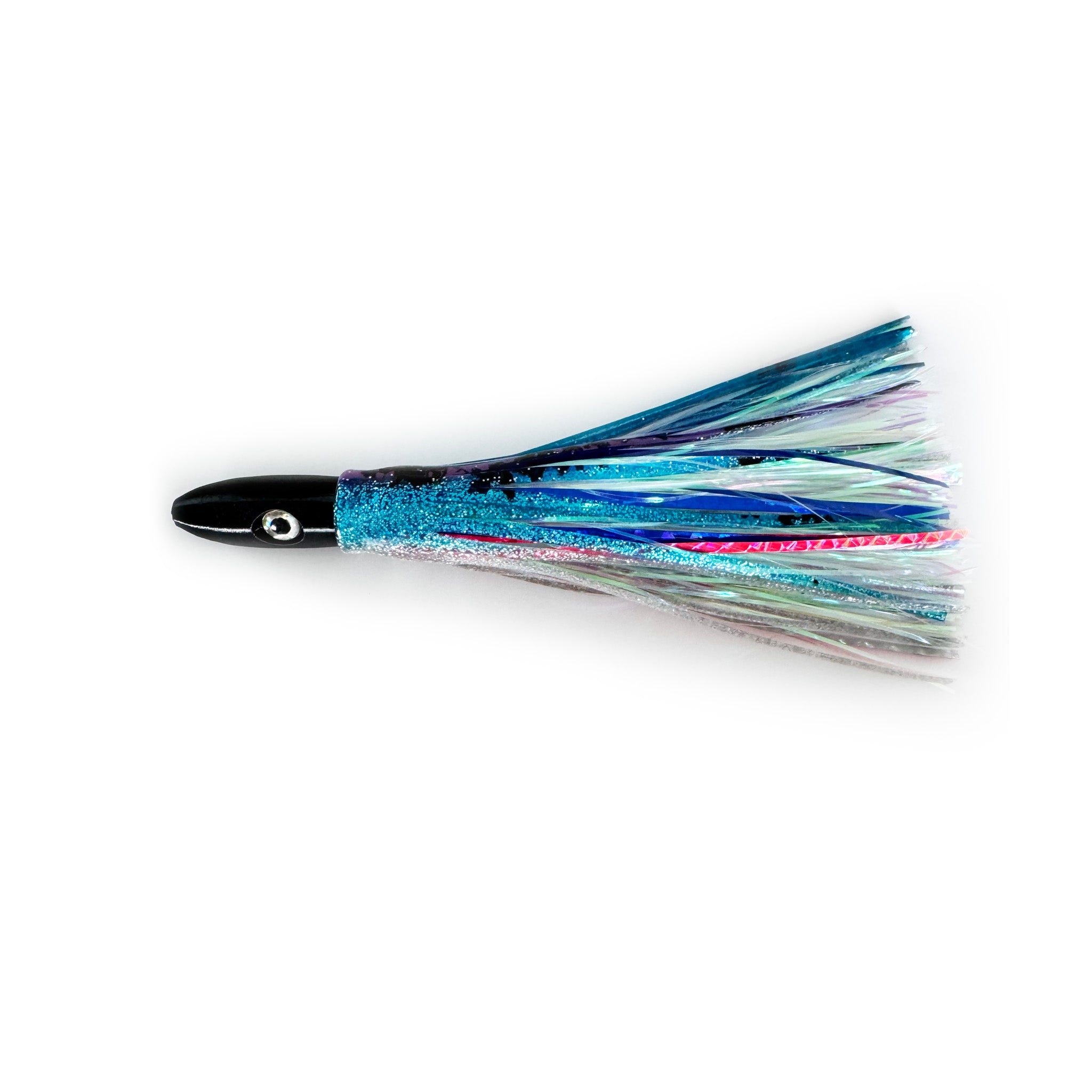 Tropical Tease offshore trolling lure with UV blue and silver glitter skirt and pink pearl flash targeting mahi, tuna, and wahoo